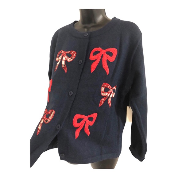 Dark Navy Blue and‎ red bow embroidered chunky knit cardigan size XL new - Picture 3 of 11